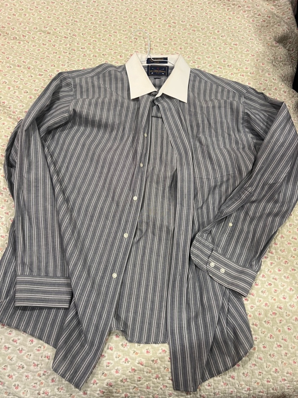 Striped Blue Dress Shirt with White Contrast Collar